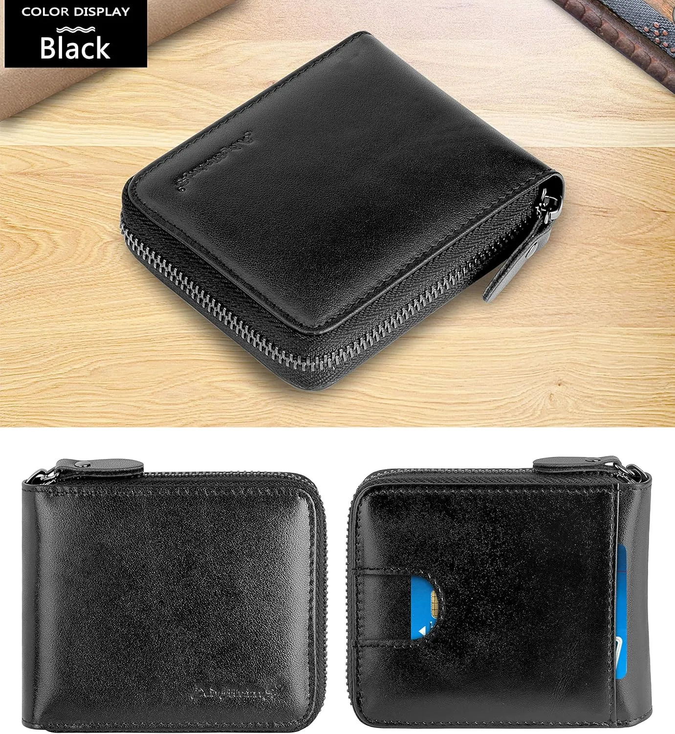 Admetus Men's Genuine Leather Short Zip-around Bifold Wallet