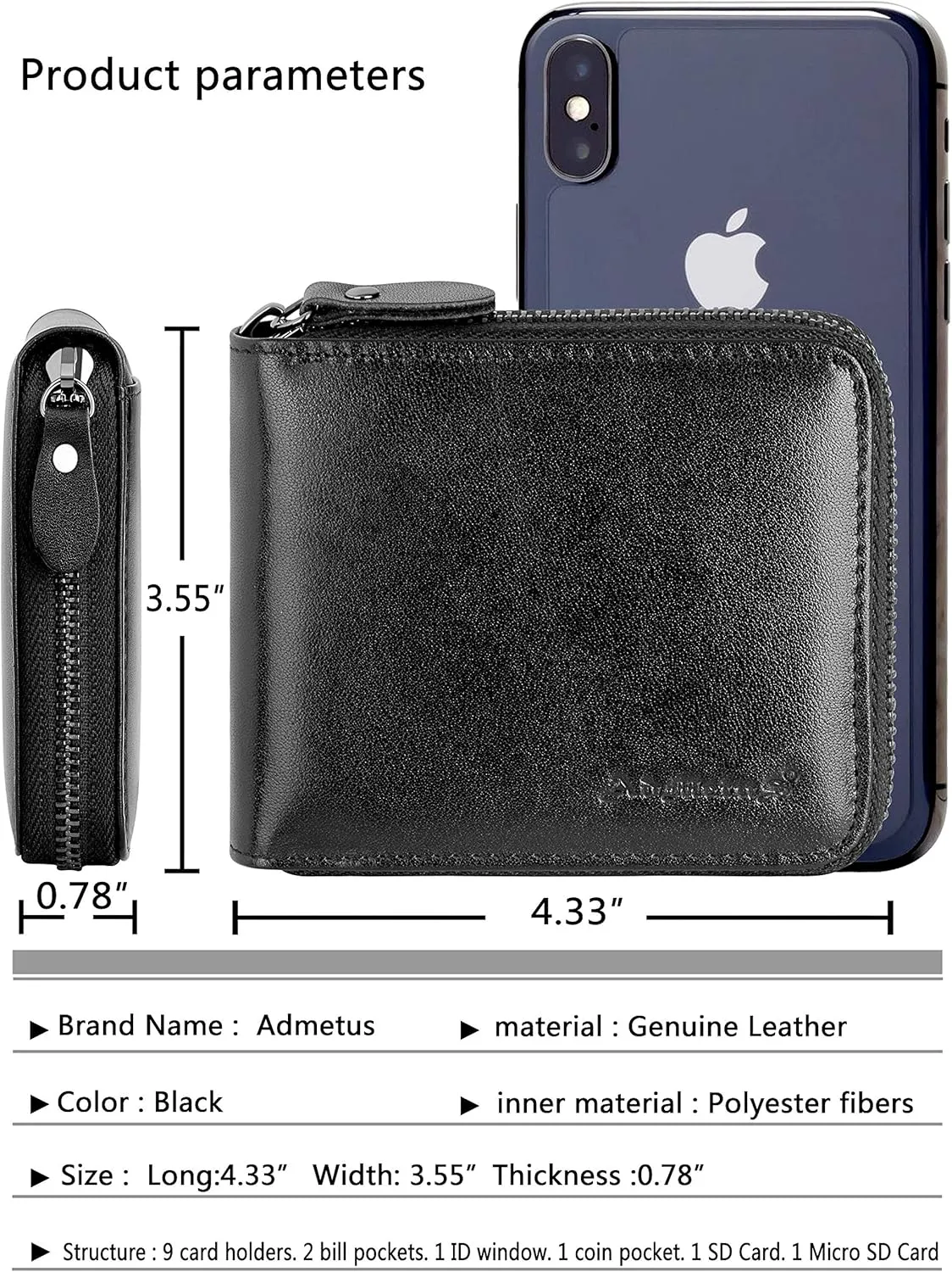 Admetus Men's Genuine Leather Short Zip-around Bifold Wallet