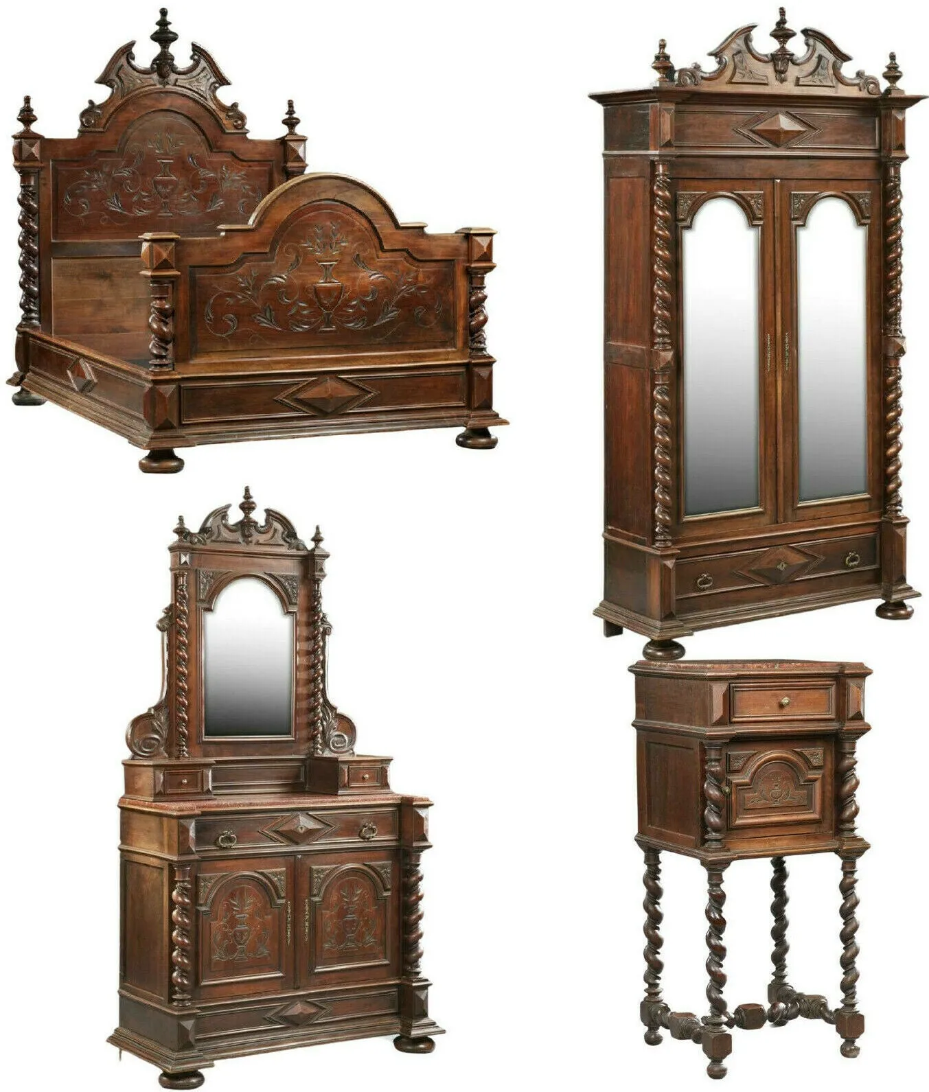 Antique Bedroom Set, Four-Piece Set, French Henri II Style, 1800s, Gorgeous!
