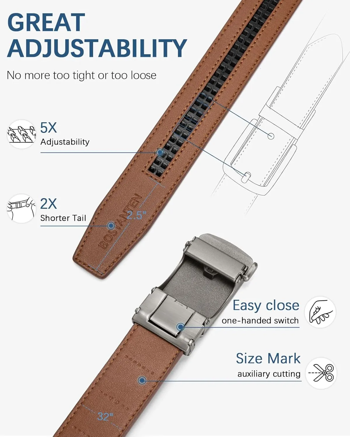 BOSTANTEN Ratchet Leather Belt For Men 2 Pack Dress and Casual with Adjustable Buckle, Trim to Fit