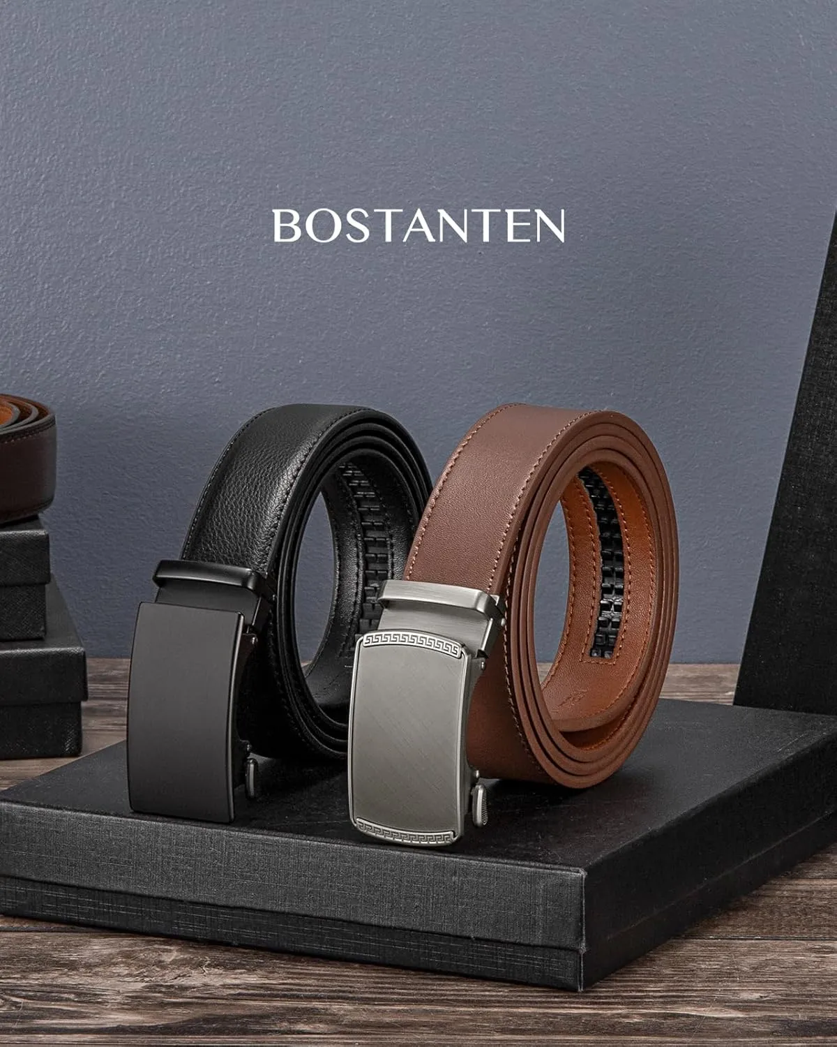 BOSTANTEN Ratchet Leather Belt For Men 2 Pack Dress and Casual with Adjustable Buckle, Trim to Fit