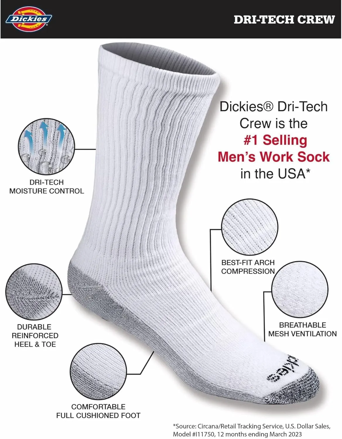 Dickies Men's Dri-Tech Original Moisture Control Crew Socks, Available in M-XXL (6, 12, 18 Pairs)
