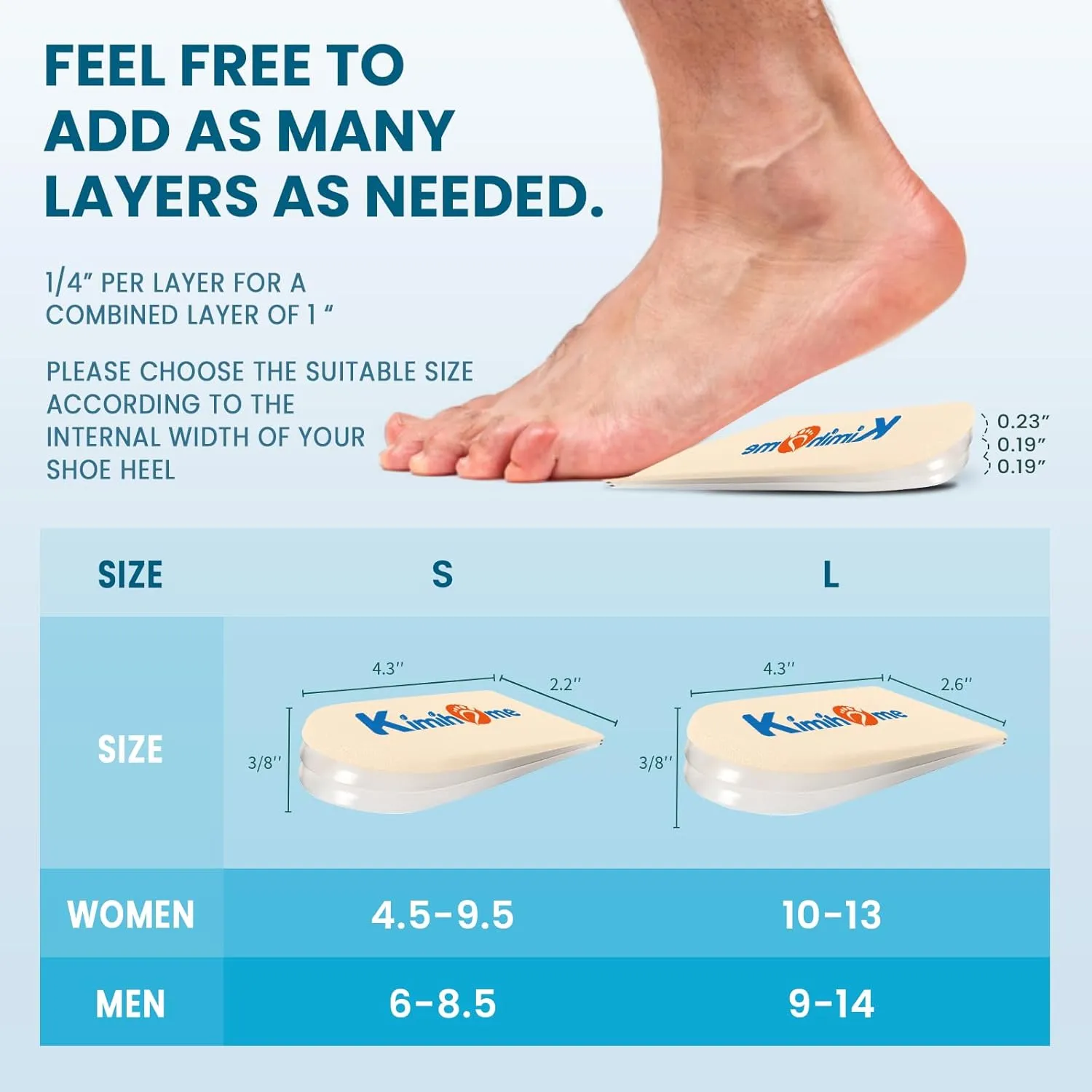 Heel Lift Inserts for Women Shoes - Kimihome Adjustable Gel Shoe Heels Insert Wedge for Women Uneven Legs Leg Length Discrepancies (3 Layers,Size L)