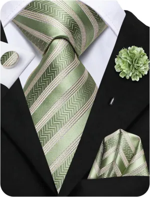 Hi-Tie Mens Tie Set Silk Striped Woven Necktie with Lapel Pin Pocket Square Cufflinks Set for Wedding Party