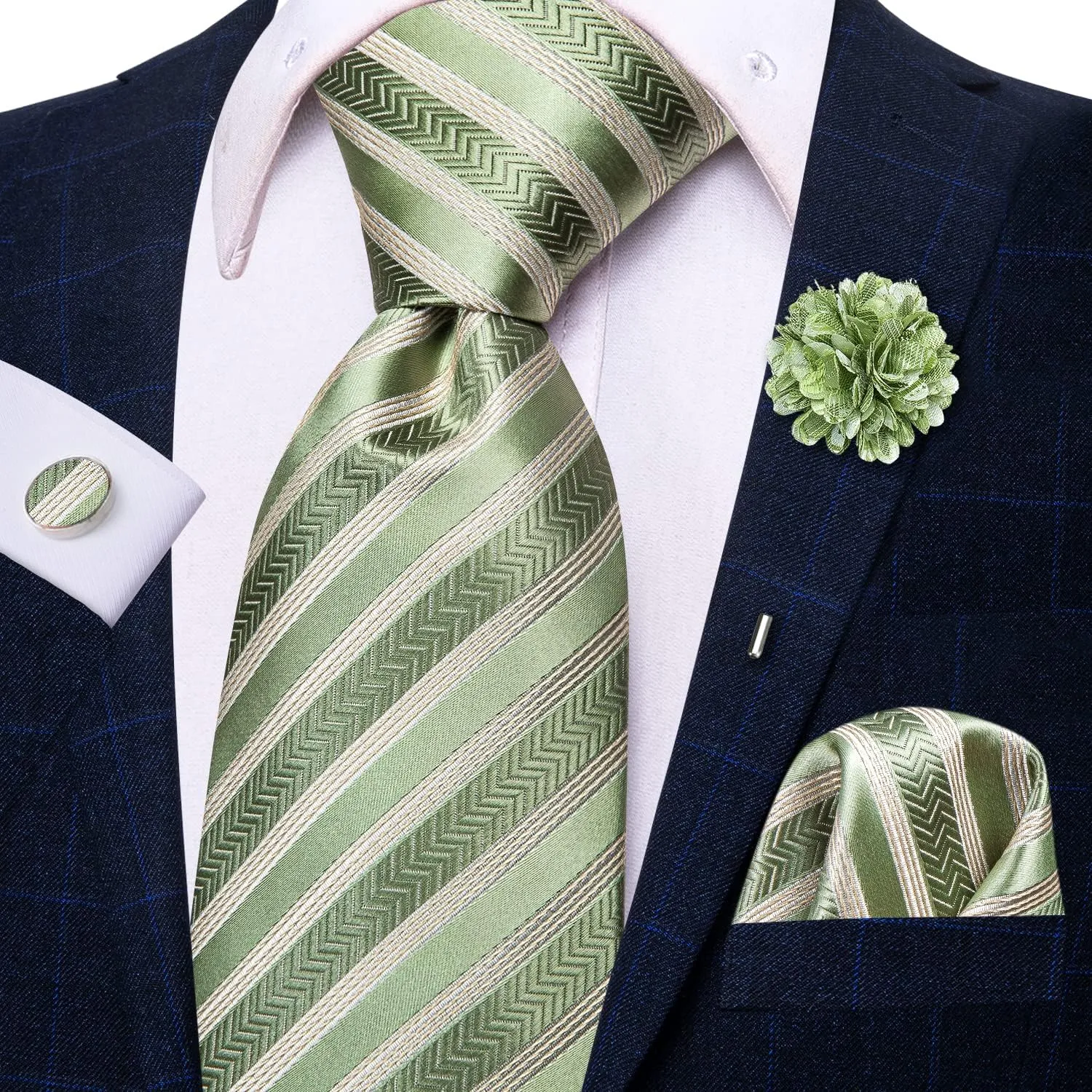 Hi-Tie Mens Tie Set Silk Striped Woven Necktie with Lapel Pin Pocket Square Cufflinks Set for Wedding Party