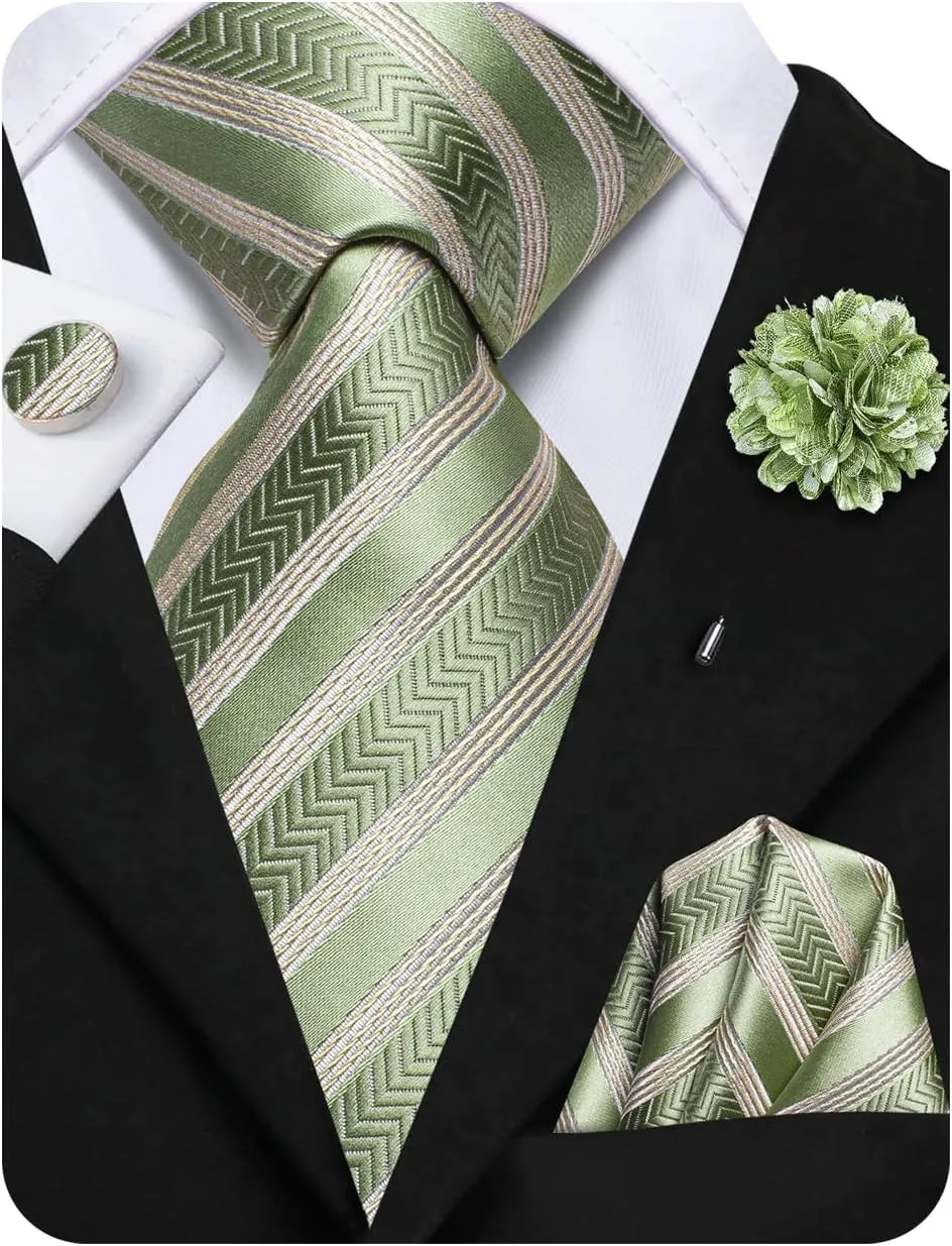 Hi-Tie Mens Tie Set Silk Striped Woven Necktie with Lapel Pin Pocket Square Cufflinks Set for Wedding Party