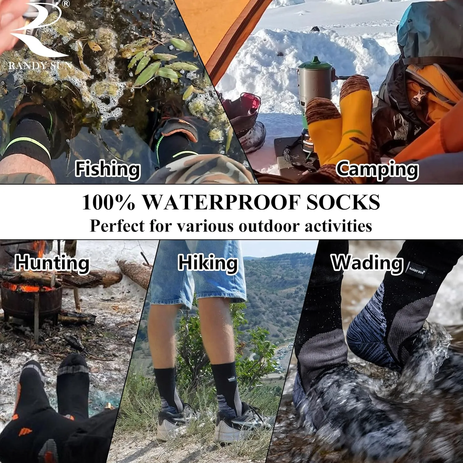 RANDY SUN Waterproof Socks, Unisex Cycling/Hunting/Fishing/Running Ankle Socks 1&2 Pair