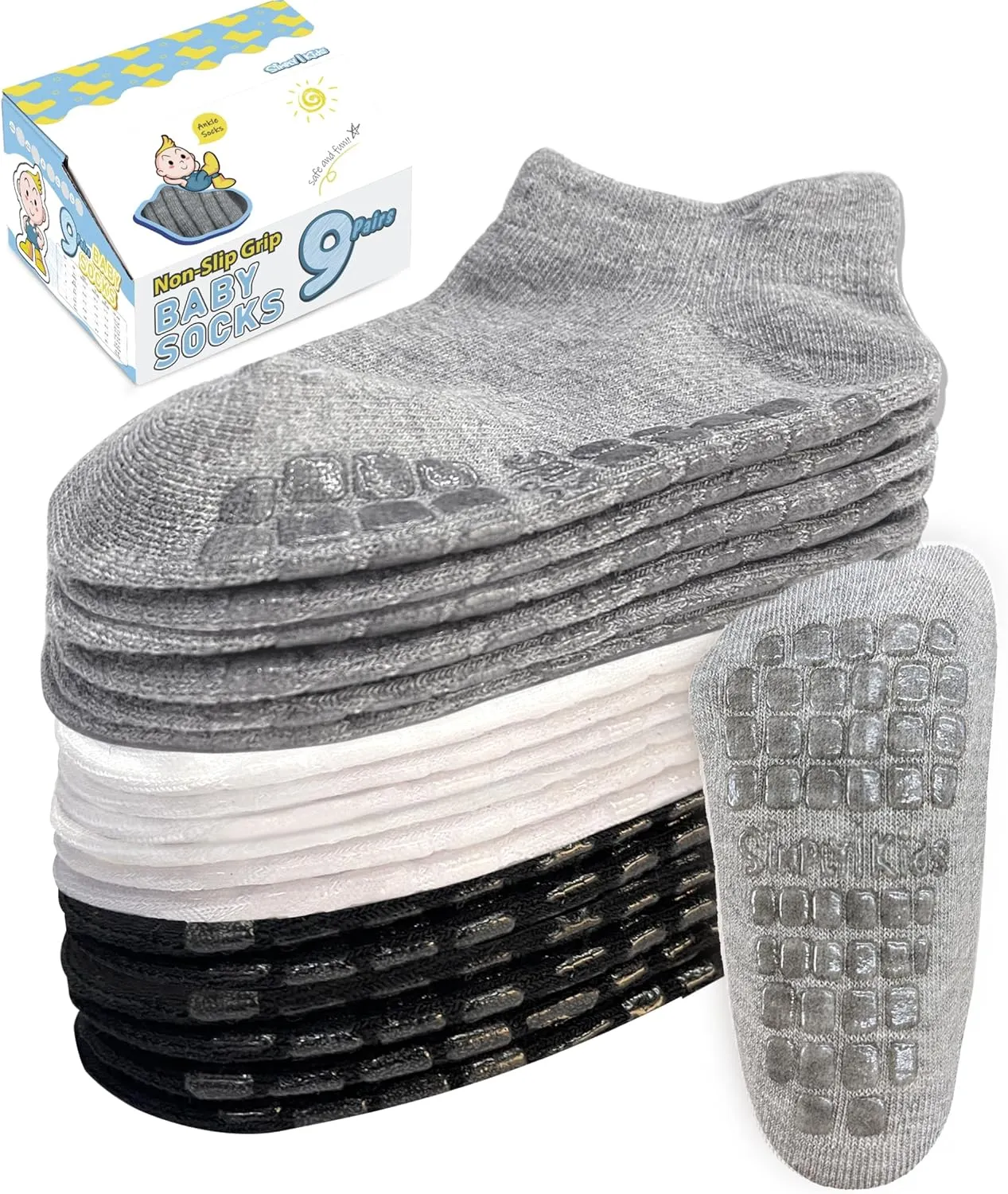 Simply Kids Non-Slip Toddler Ankle Socks (9 Pairs)  Superior Grip, Soft Cotton, for Active Baby Girls & Boys (Ages 0-7)