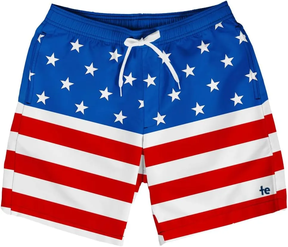 Tipsy Elves Men's USA Swimming Trunks 7'' Inseam 4 Way Stretch Fabric w/Mesh Liner Swim Trunks for Men Bathing Suit