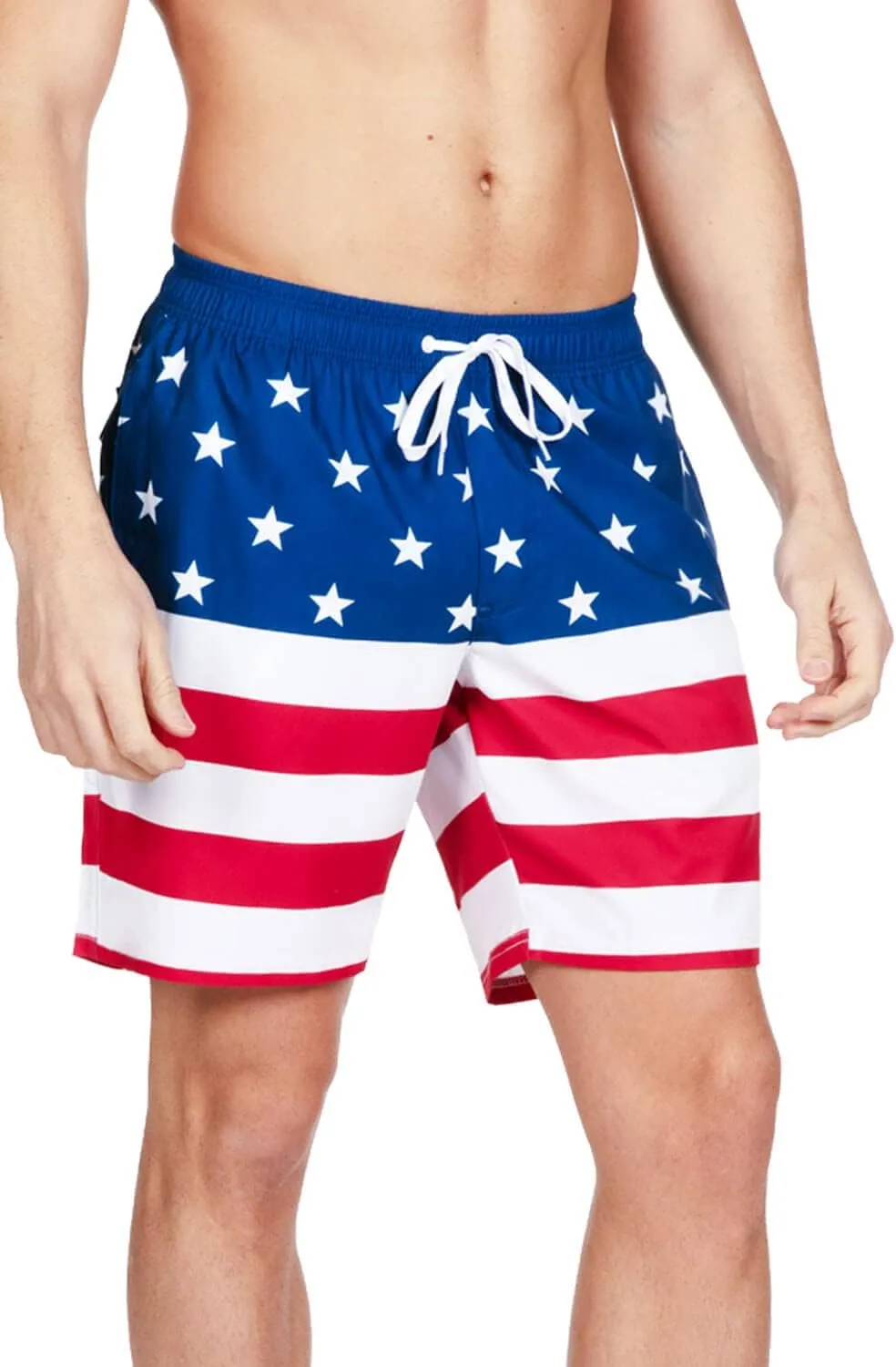 Tipsy Elves Men's USA Swimming Trunks 7'' Inseam 4 Way Stretch Fabric w/Mesh Liner Swim Trunks for Men Bathing Suit