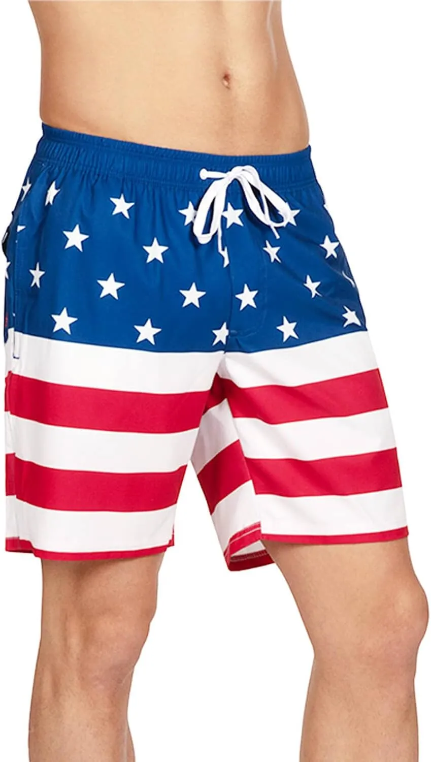 Tipsy Elves Men's USA Swimming Trunks 7'' Inseam 4 Way Stretch Fabric w/Mesh Liner Swim Trunks for Men Bathing Suit