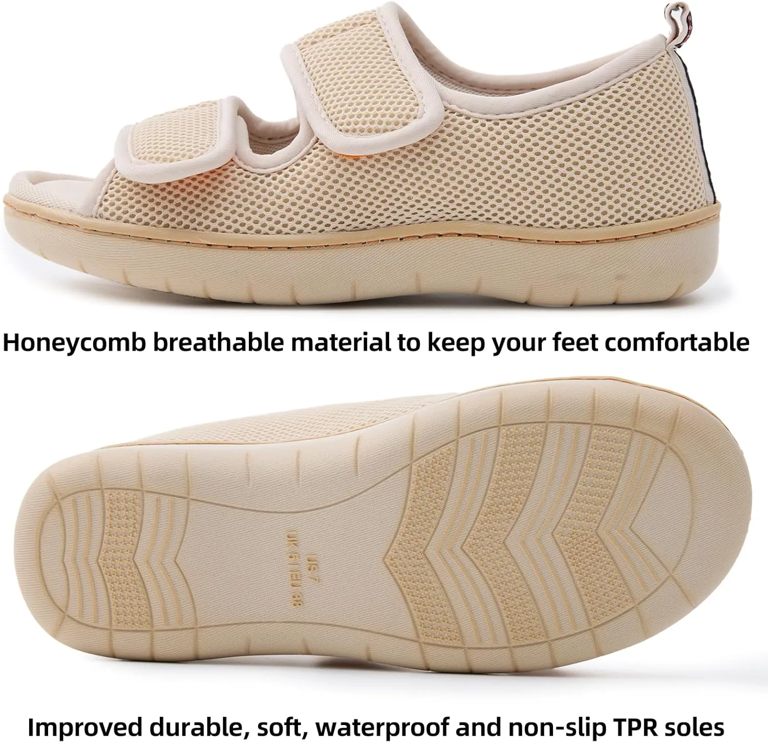 Women Men's Open Toe Diabetic Recovery Slippers Adjustable Slipper with Anti-Slip Indoor Outdoor Sole Grey Black Beige Color US6-US13
