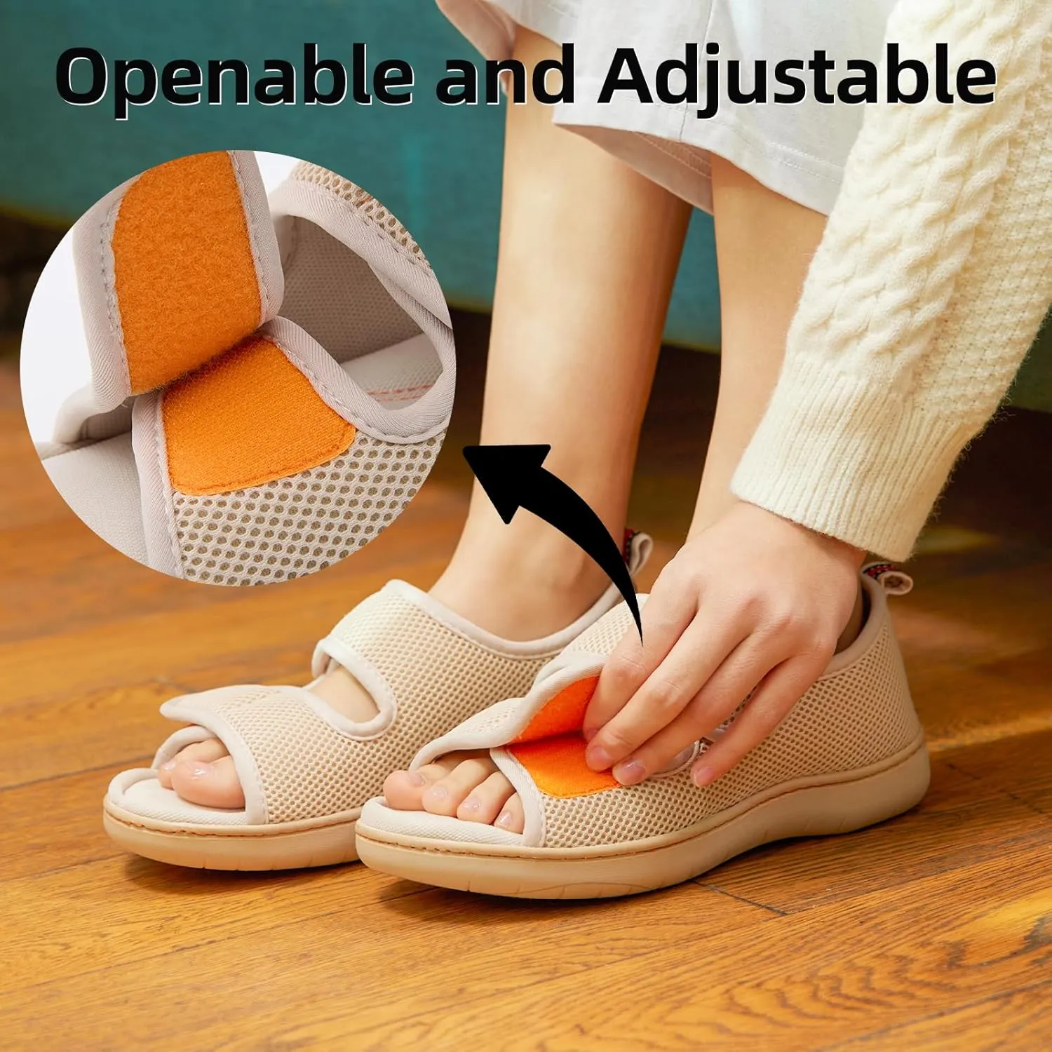 Women Men's Open Toe Diabetic Recovery Slippers Adjustable Slipper with Anti-Slip Indoor Outdoor Sole Grey Black Beige Color US6-US13
