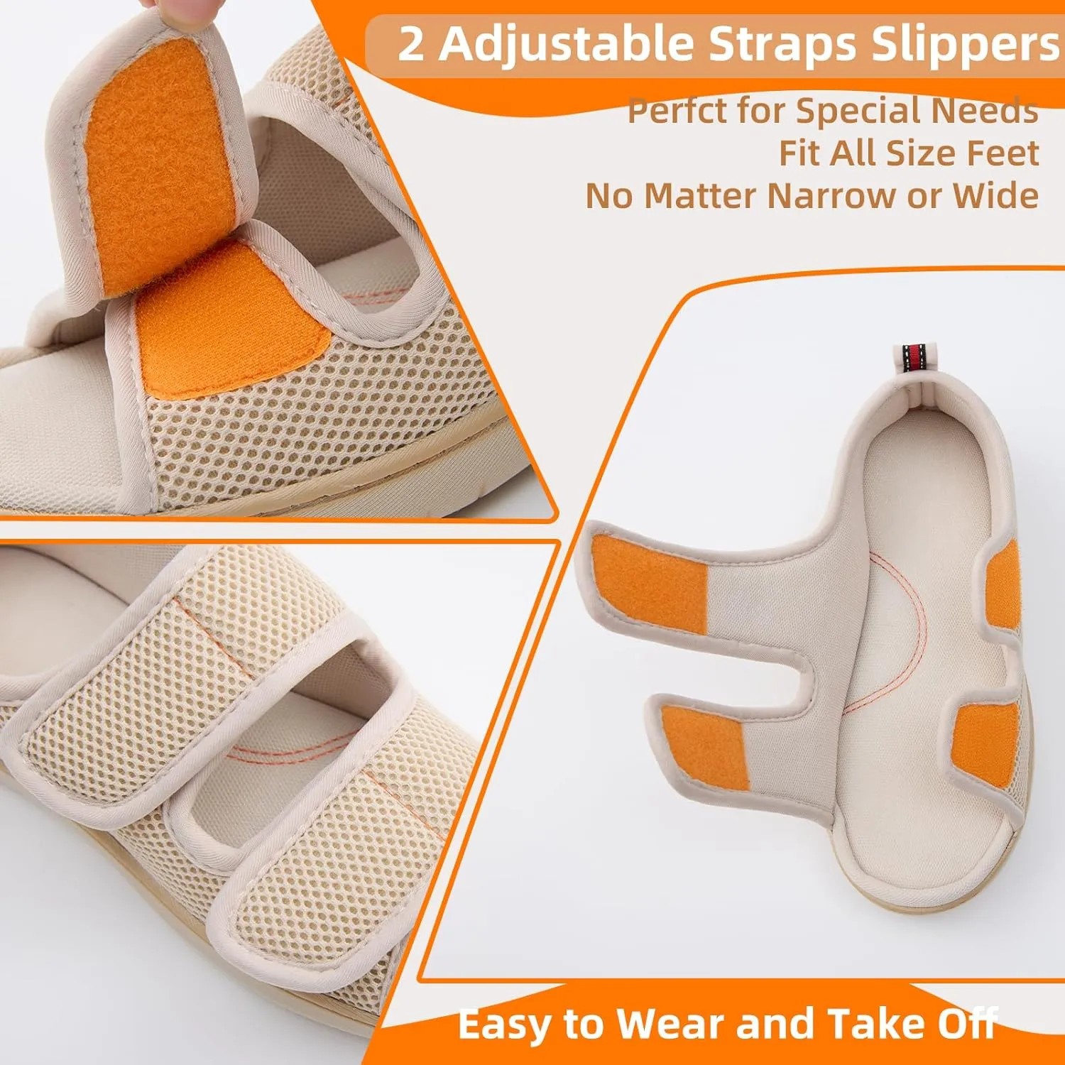 Women Men's Open Toe Diabetic Recovery Slippers Adjustable Slipper with Anti-Slip Indoor Outdoor Sole Grey Black Beige Color US6-US13